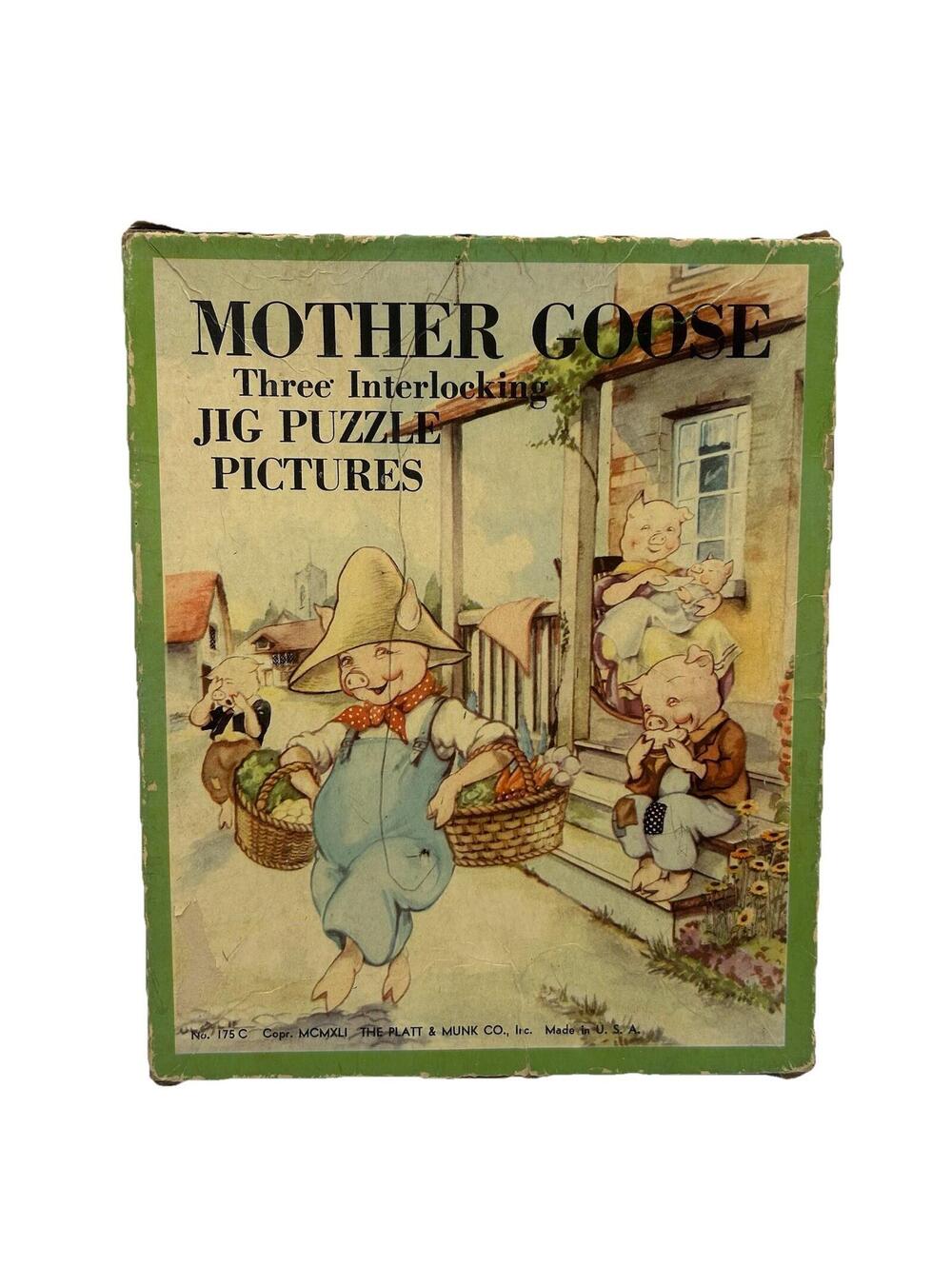 Vintage 1941 Platt & Munk Mother Goose 3 Interlocking Jig Puzzles Lot w/ Box SEE